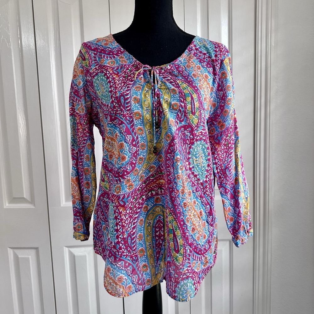 LAUREN RALPH LAUREN Women's L Paisley Keyhole Tie 3/4 Sleeve Tunic Colorful